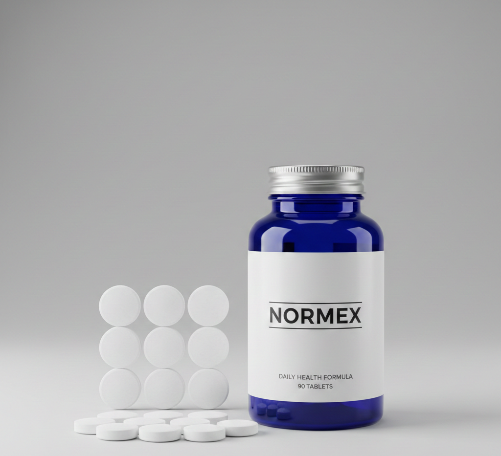 Normex - натуральний засіб для підтримки нормального артеріального тиску у вигляді капсул з фірмовою упаковкою, розміщений на нейтральному фоні